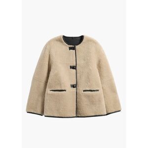 Mango Faux Fur Toggle Coat | Contrast Leather Trim Teddy Coat Oversized Neutral